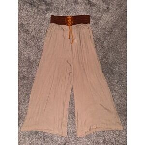 W Collection Women's Tan Khaki Wide Leg Pants‎ with Brown Woven Belt